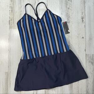 Halitech Large V-Neck Swim Dress Striped Pockets Criss-Cross Straps Padded Cups